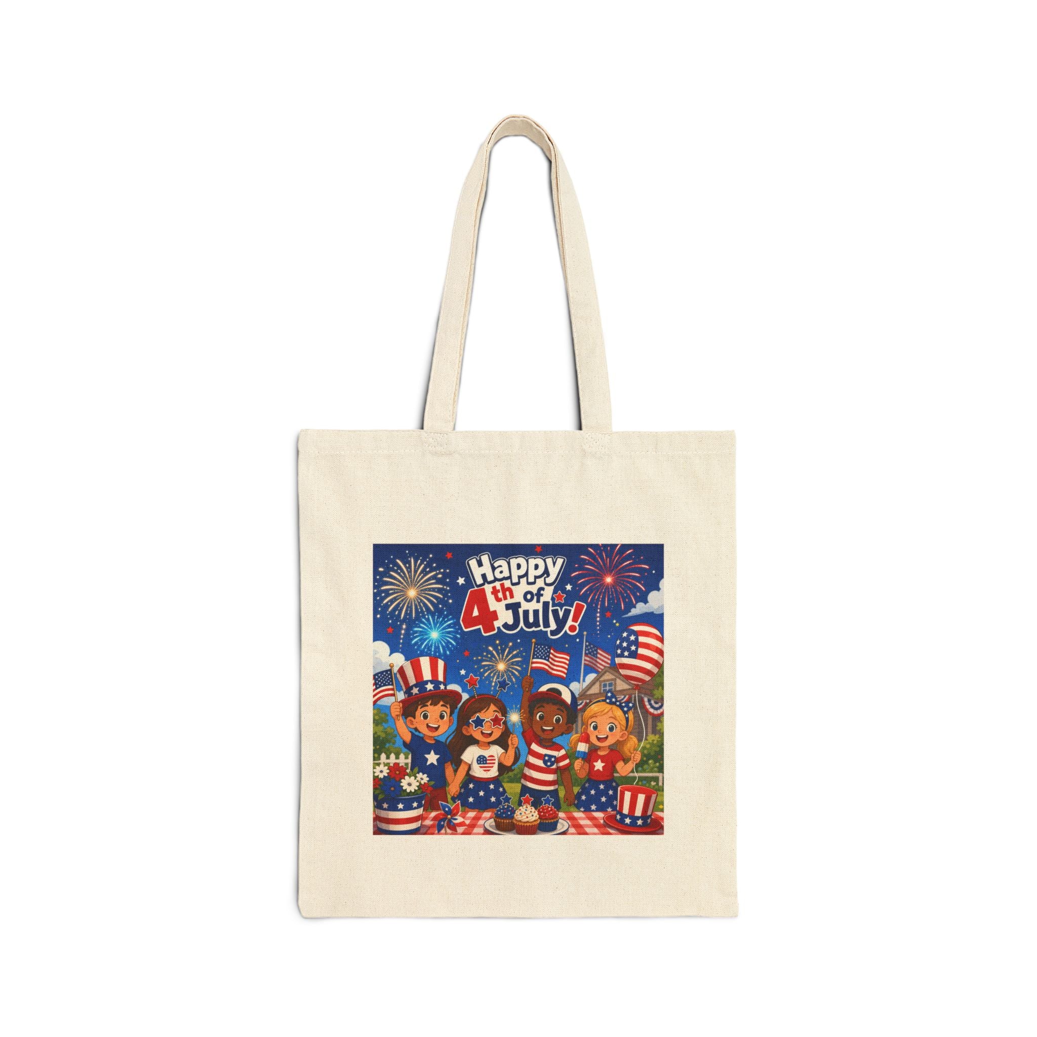 Happy 4th of July Cotton Tote Bag - Patriotic Kids Fireworks Design