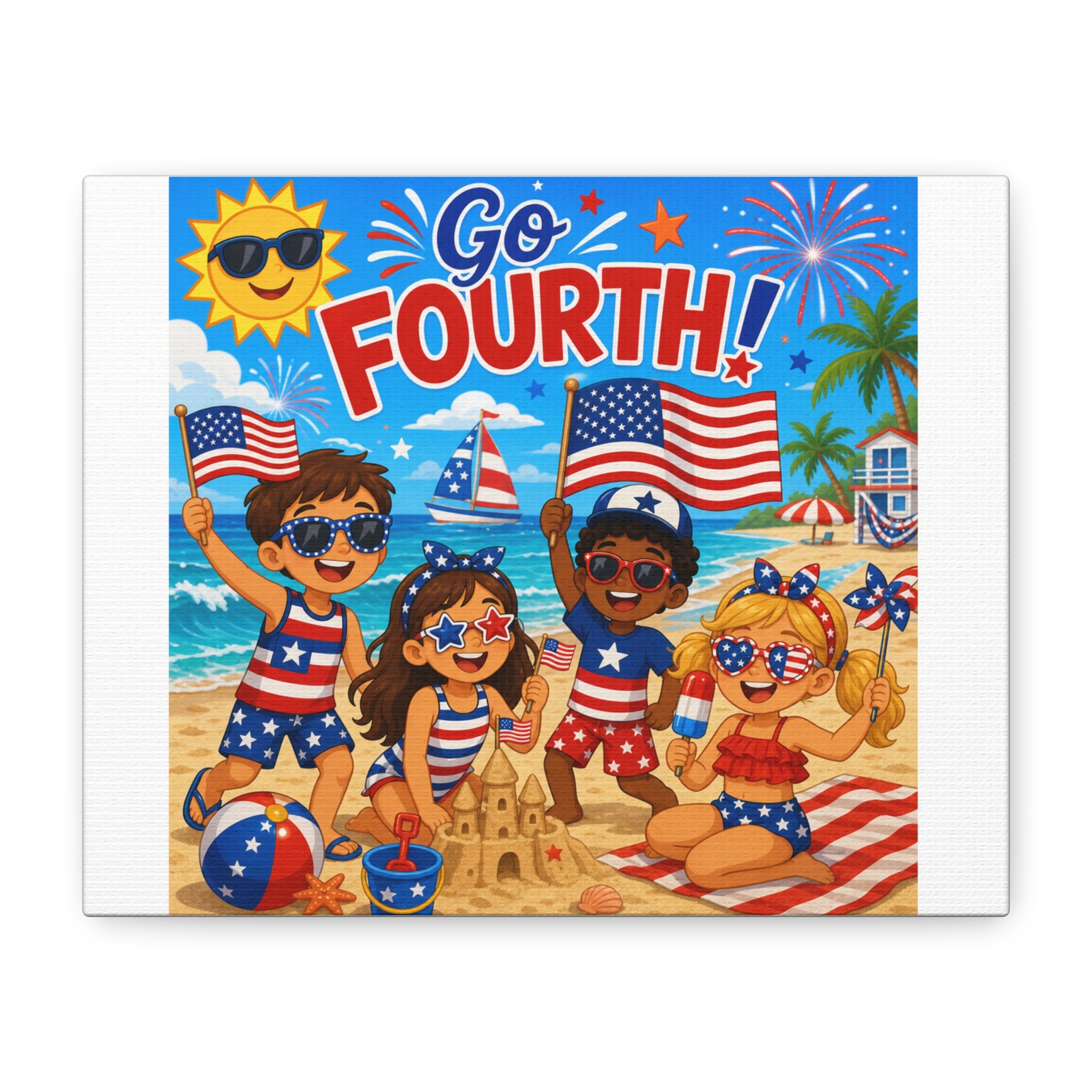 Fourth of July Kids Beach Canvas – Patriotic "Go Fourth!" Wall Art