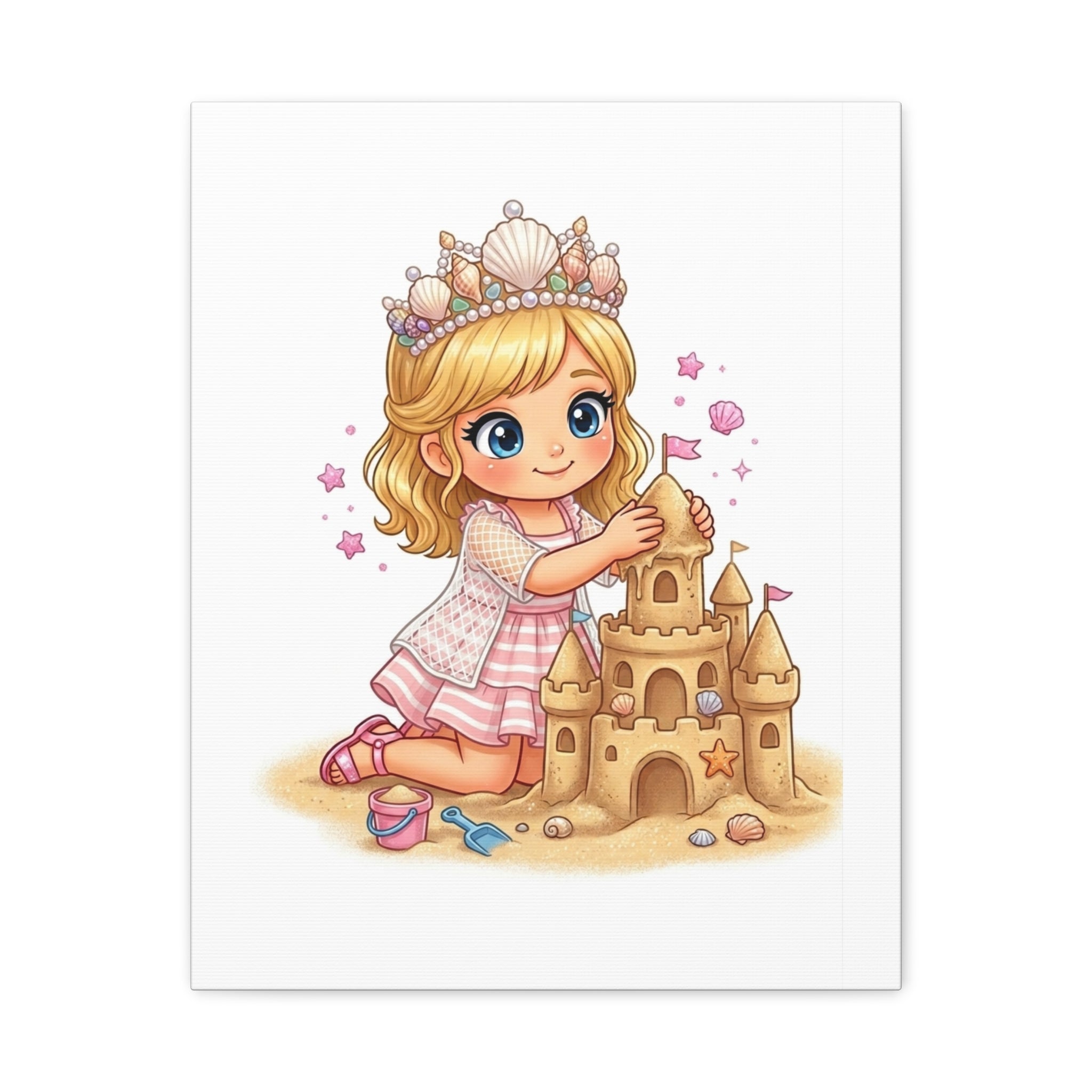 Princess Girl Building Sandcastle Canvas Wall Art — Cute Coastal Nursery Decor
