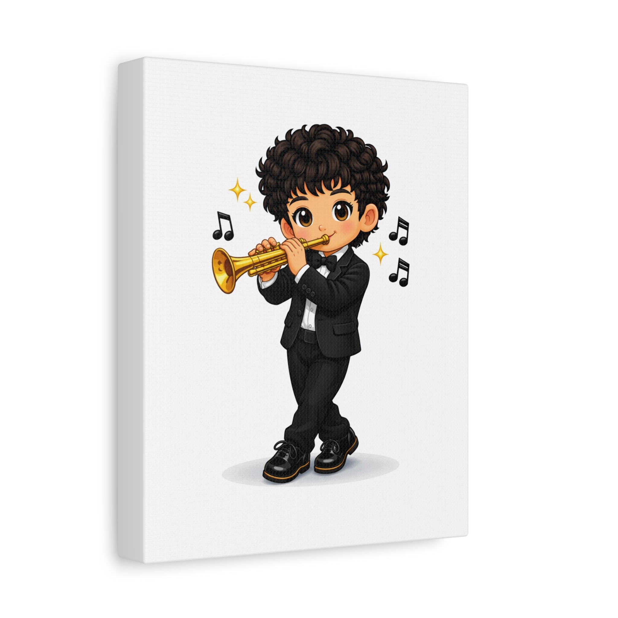 Trumpet Player Canvas Wall Art — Cute Boy Musician Illustration, Matte Stretched 1.25"