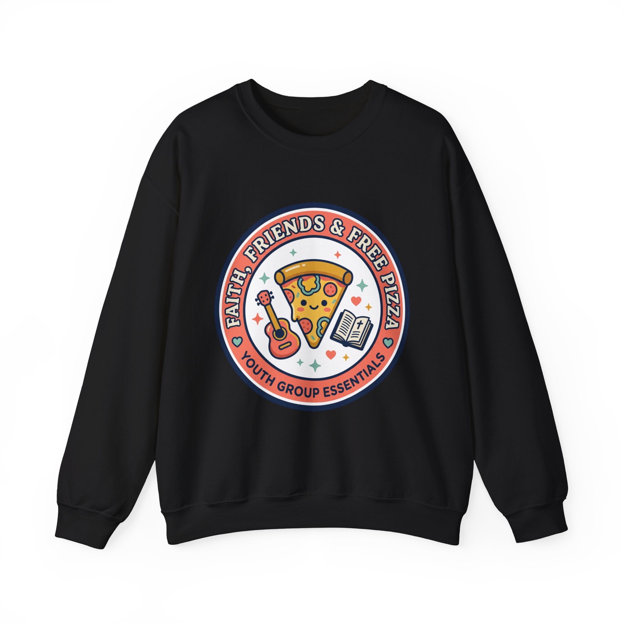 Faith, Friends & Free Pizza Crewneck Sweatshirt | Christian memes, church camp retro