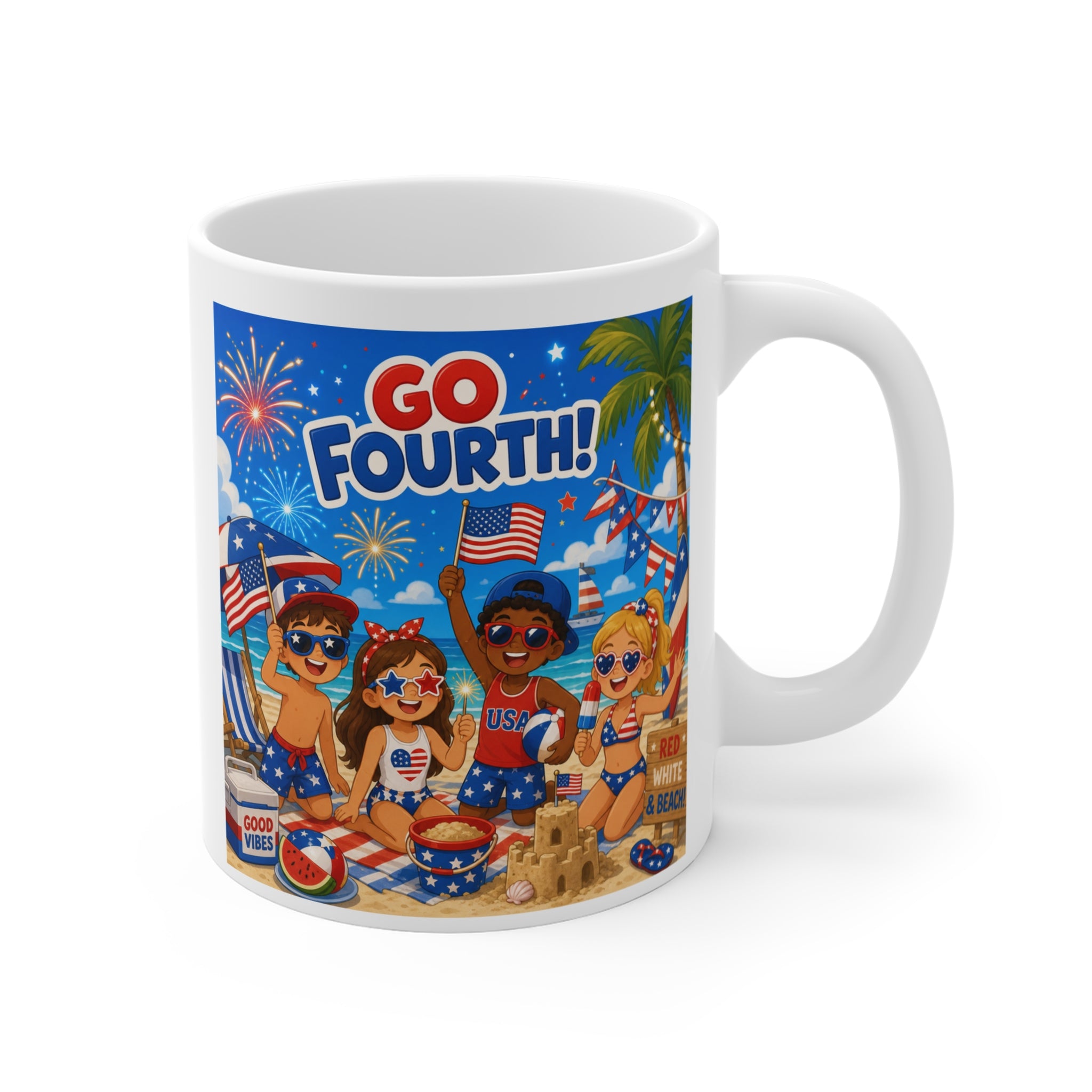 Go Fourth! 4th of July Patriotic Beach Mug — Red White & Blue Independence Day Coffee Cup