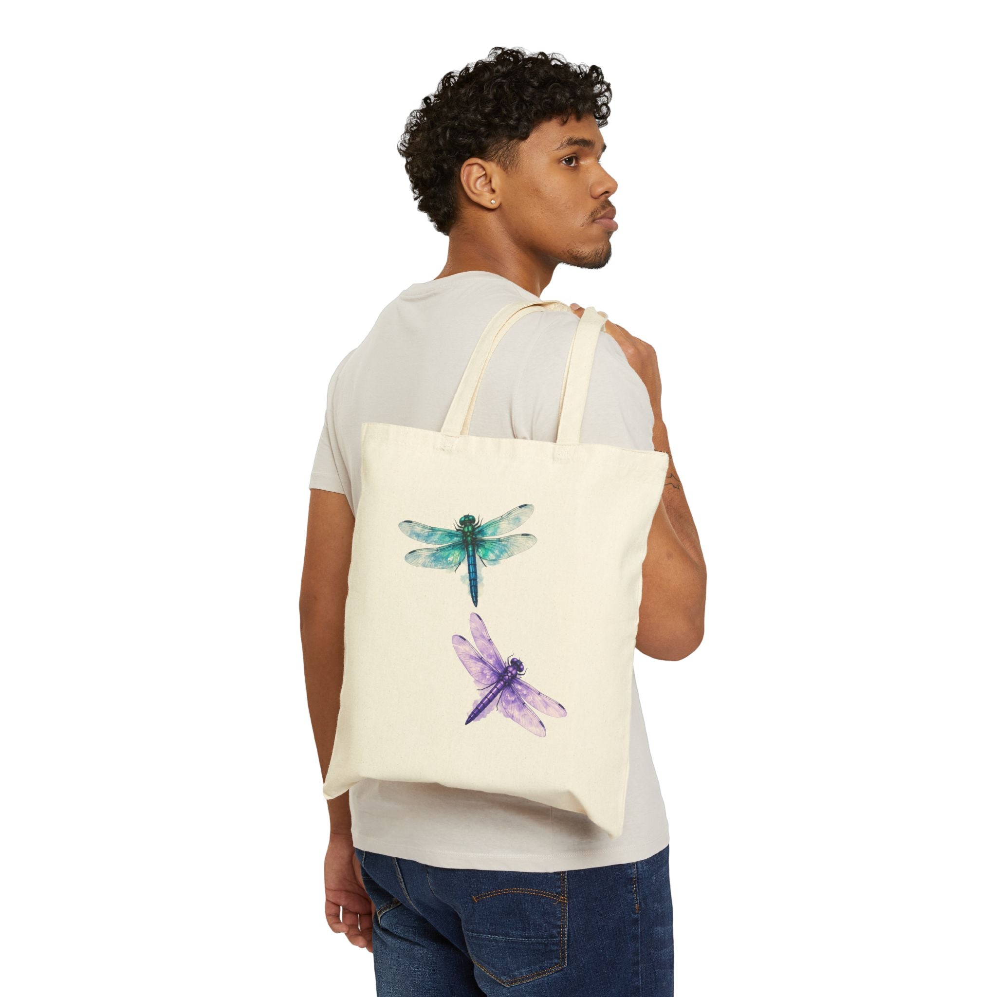 Canvas Tote Bag – Watercolor Dragonfly Floral Tote, Eco-Friendly Cotton Market Bag