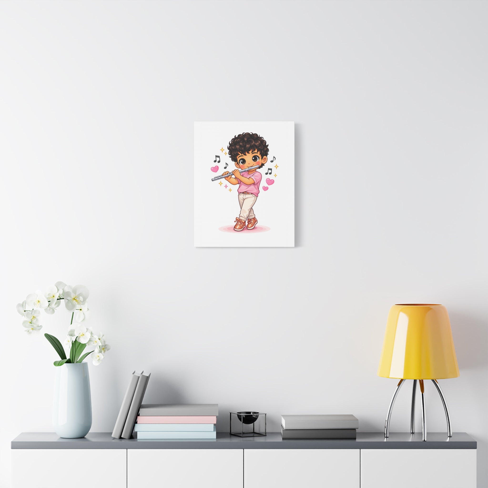 Cute Boy Playing Flute Matte Canvas Wall Art — Chibi Musician Decor