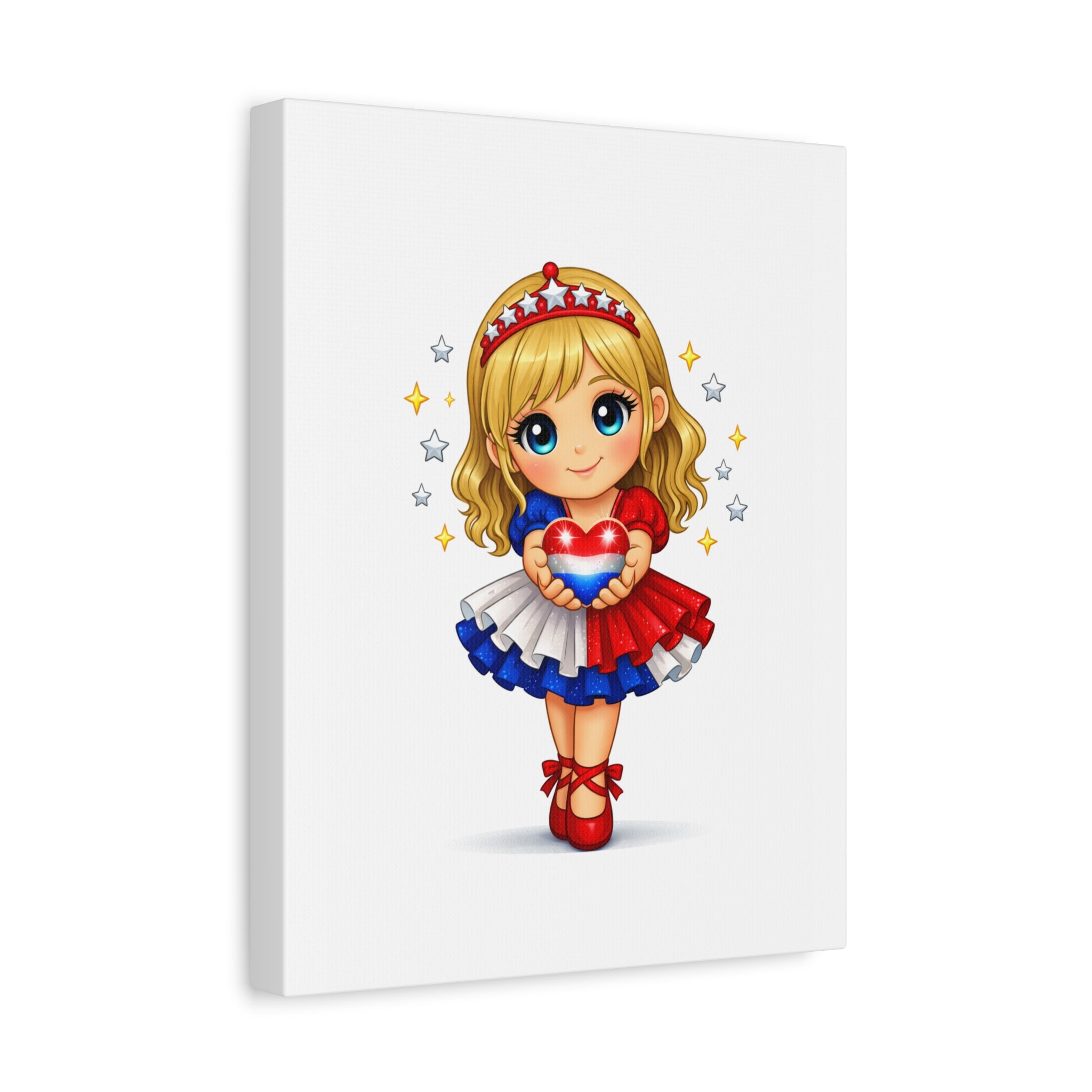 Patriotic Cute Girl Canvas Art — Red White Blue Heart Wall Decor