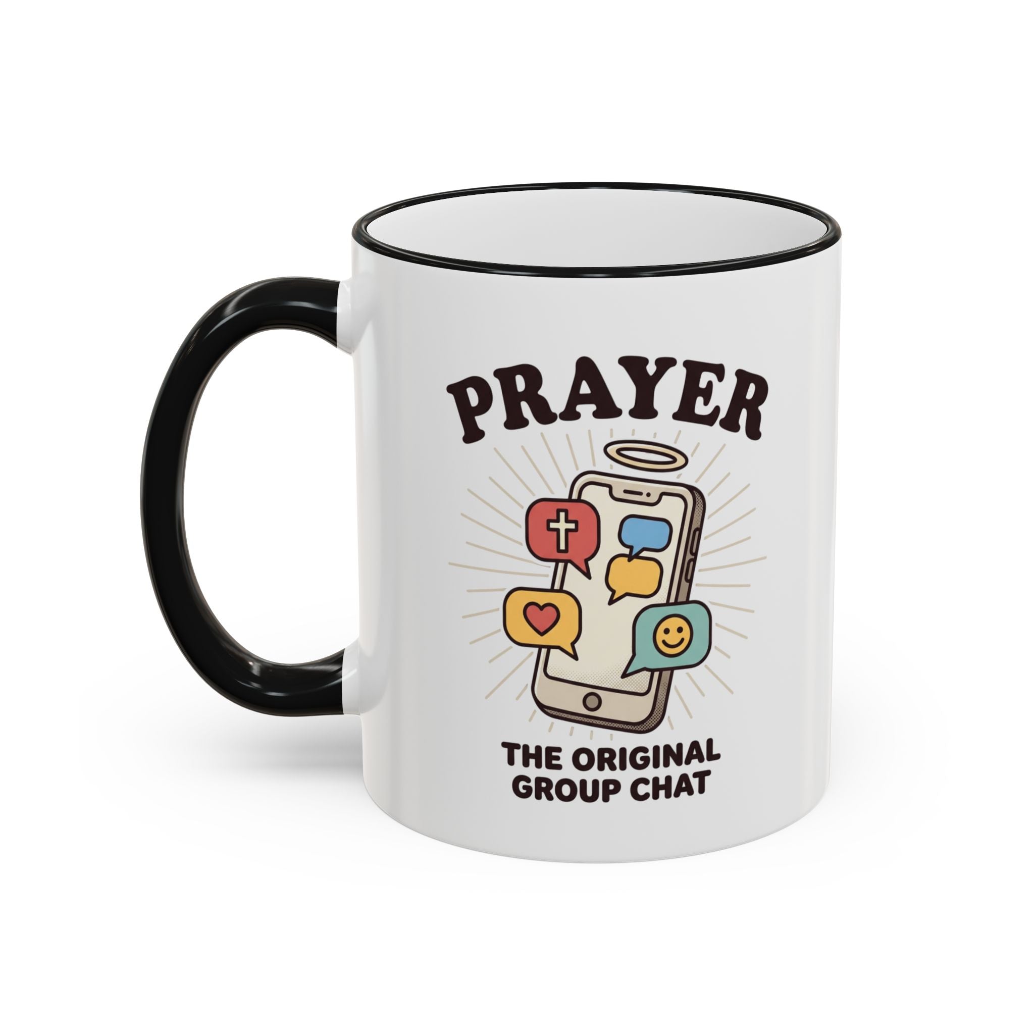 Prayer Mug — "Prayer: The Original Group Chat" Accent Rim & Handle Coffee Cup