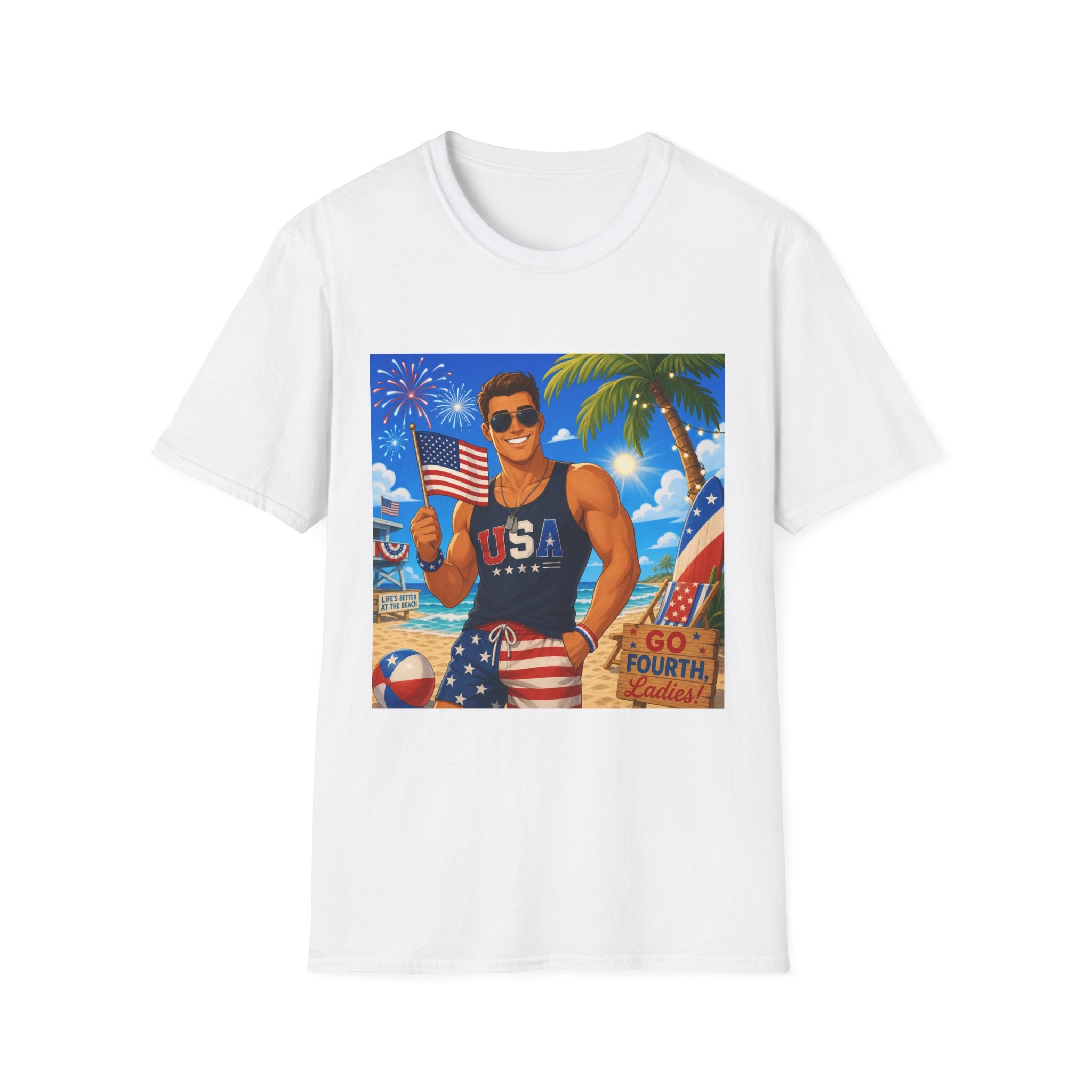 Patriotic USA Fourth of July Beach T-Shirt — USA Flag Muscle Man Graphic