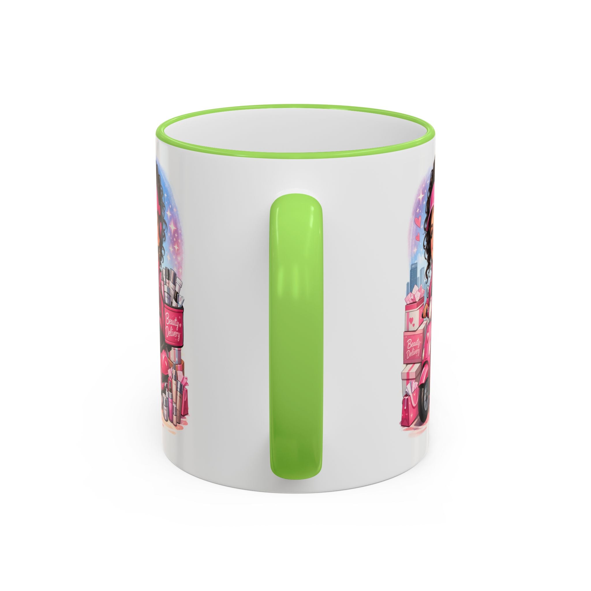 Coffee Mug — Cute Pink Makeup Girl Illustration Accent Rim & Handle