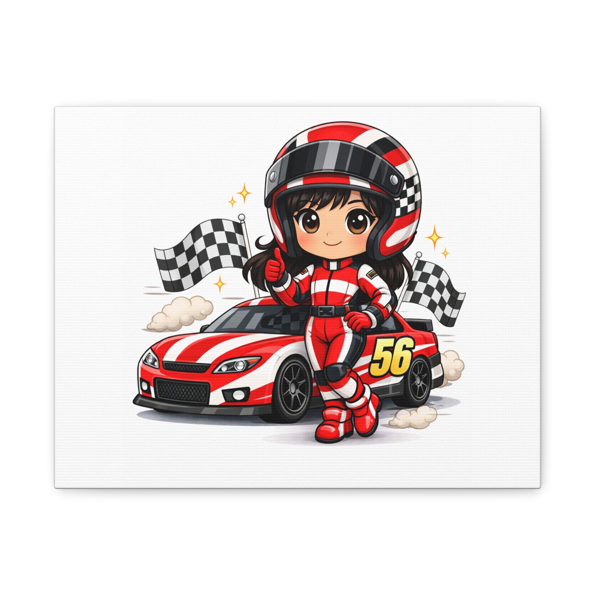 Racing Girl Canvas Print — Cute Red Race Car Driver Art (Number 56)